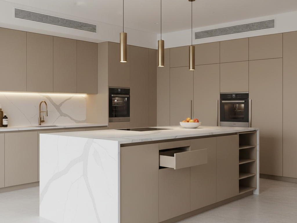 Modern kitchen island with quartz waterfall design and warm neutral cabinetry