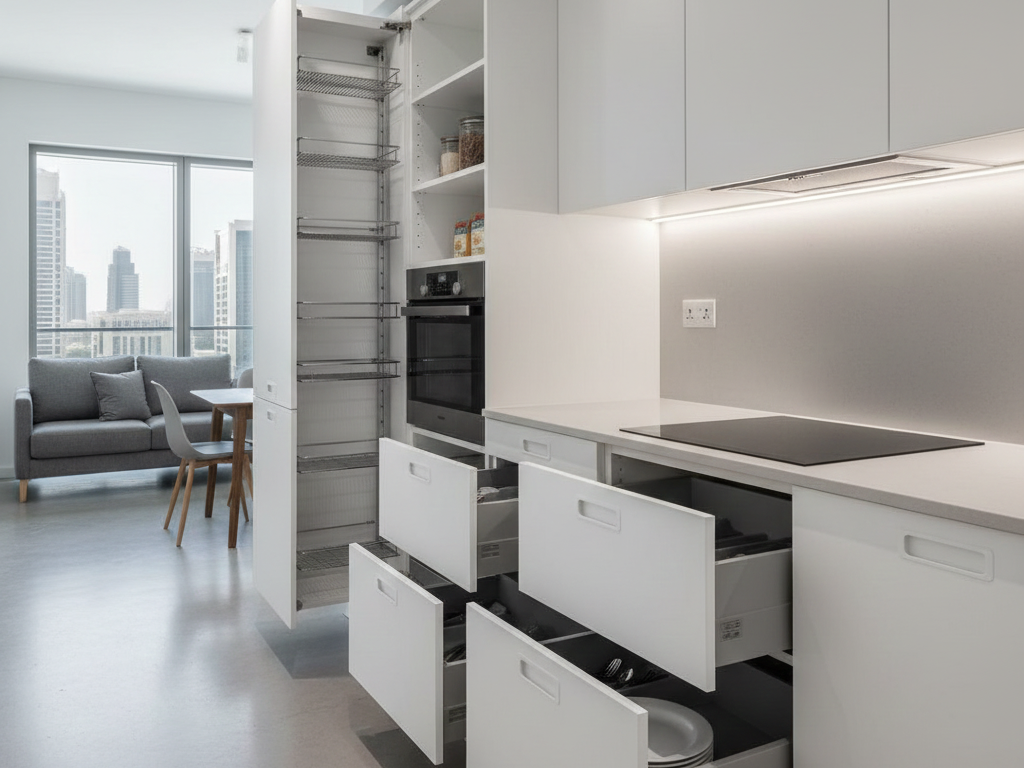 Modular kitchen in Dubai featuring pull-out pantry and modern layout.