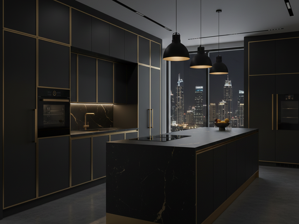 Luxury kitchen in Dubai with matte black cabinets and gold detailing.