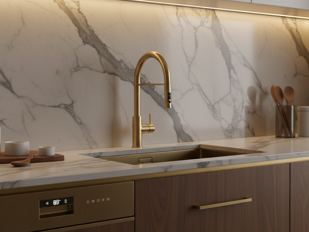 Modern kitchen with two-tone cabinets and integrated appliances.