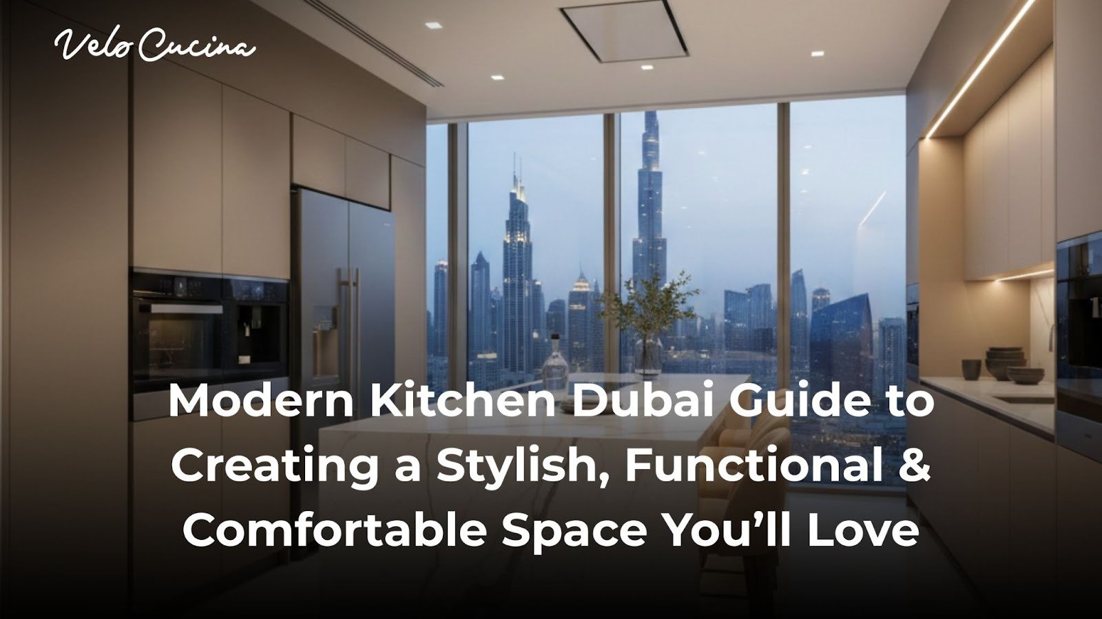 Modern Dubai kitchen interior with handleless cabinets, quartz island, built-in appliances, and soft neutral lighting.