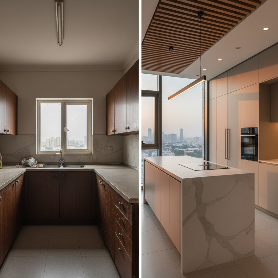 Apartment kitchen remodel showing transformation from old layout to modern design
