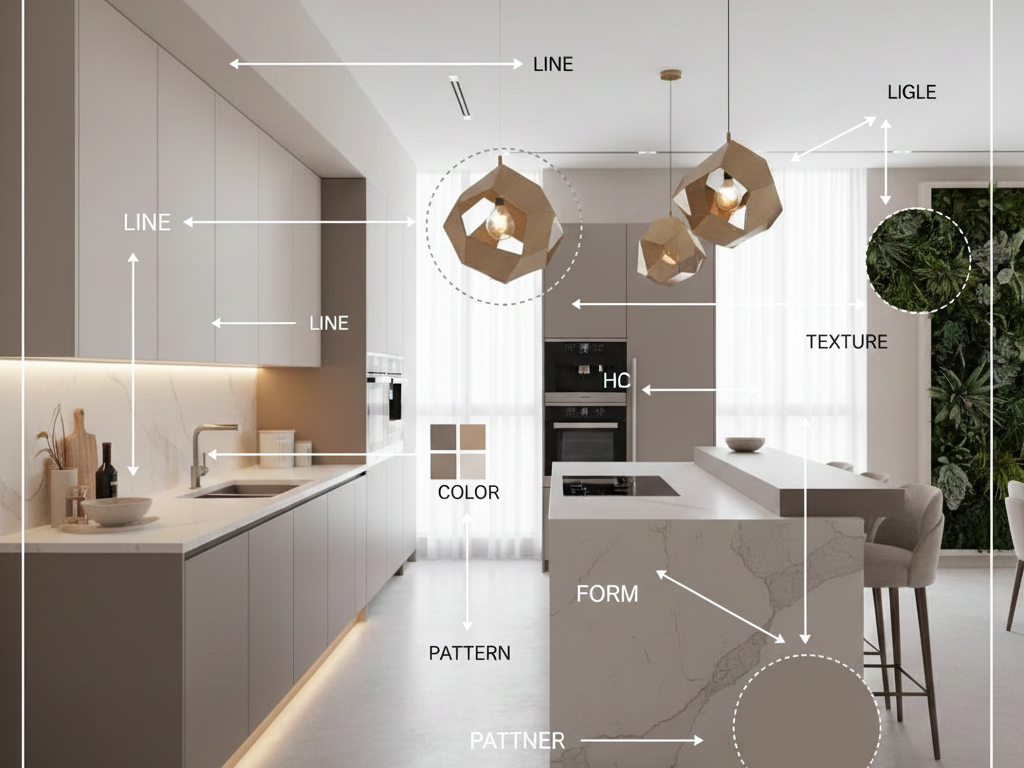 Diagram showing the seven elements of interior design applied inside a modern Dubai kitchen layout.