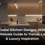 Ultra-modern luxury kitchen in Dubai featuring matte handleless cabinets, a marble waterfall island, ambient LED lighting, and premium European appliances