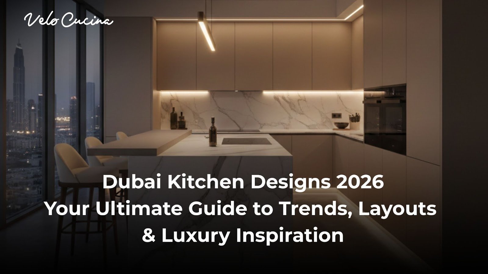 Ultra-modern luxury kitchen in Dubai featuring matte handleless cabinets, a marble waterfall island, ambient LED lighting, and premium European appliances