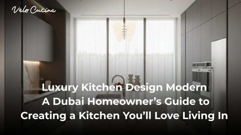 luxury kitchen design in a Dubai villa with marble waterfall island and handleless cabinets.