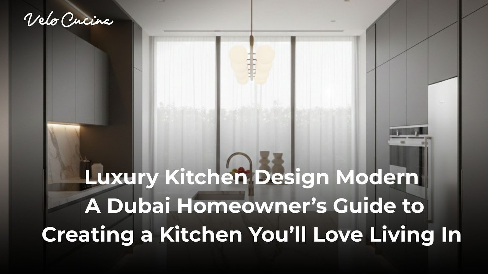 luxury kitchen design in a Dubai villa with marble waterfall island and handleless cabinets.