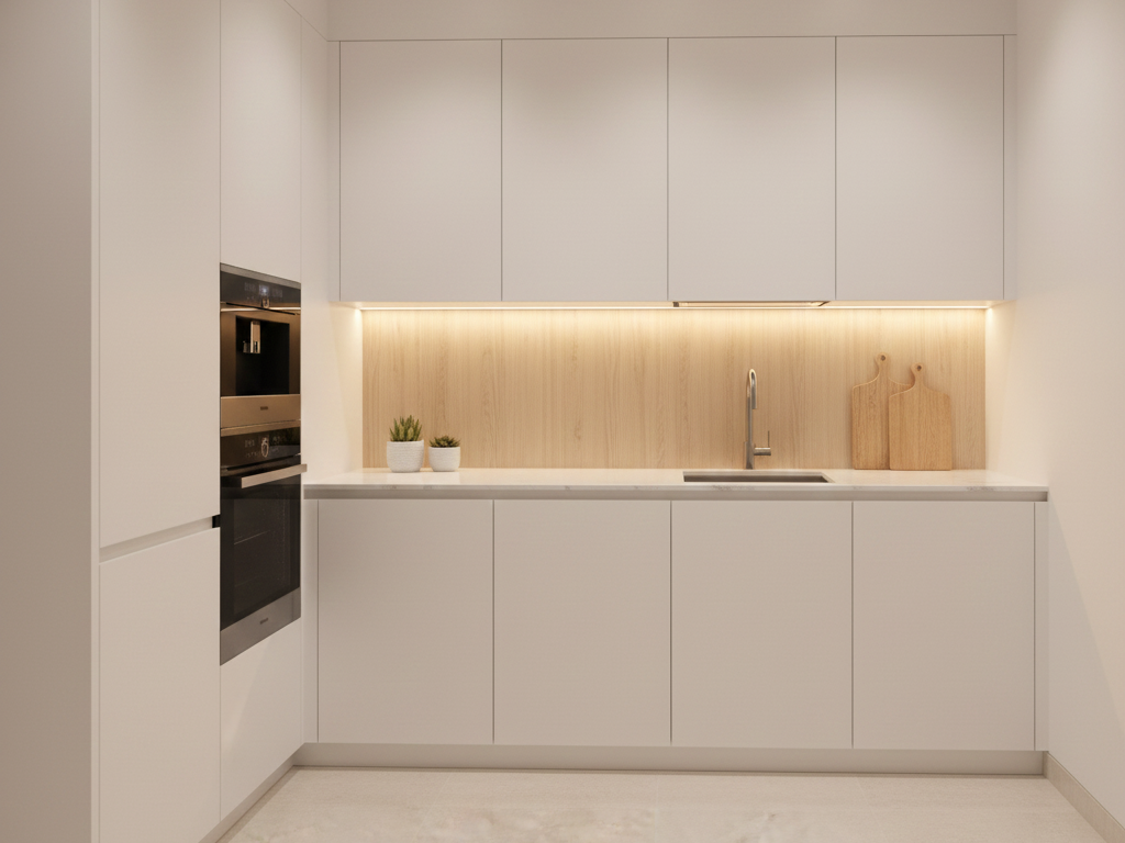 Simple modern kitchen with white cabinets, wood accents, and LED lighting.